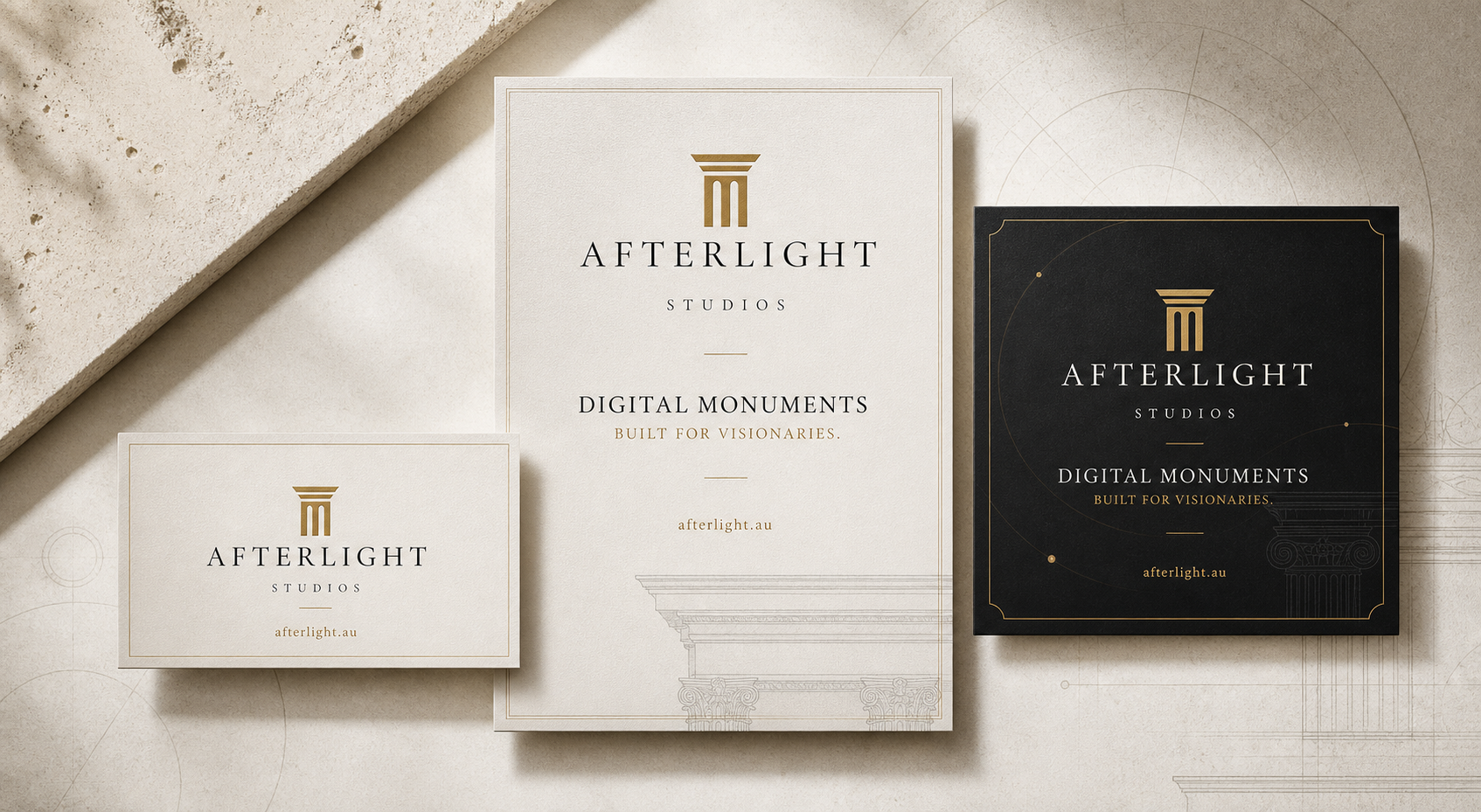 Afterlight business card, promotional flyer and social media launch graphic