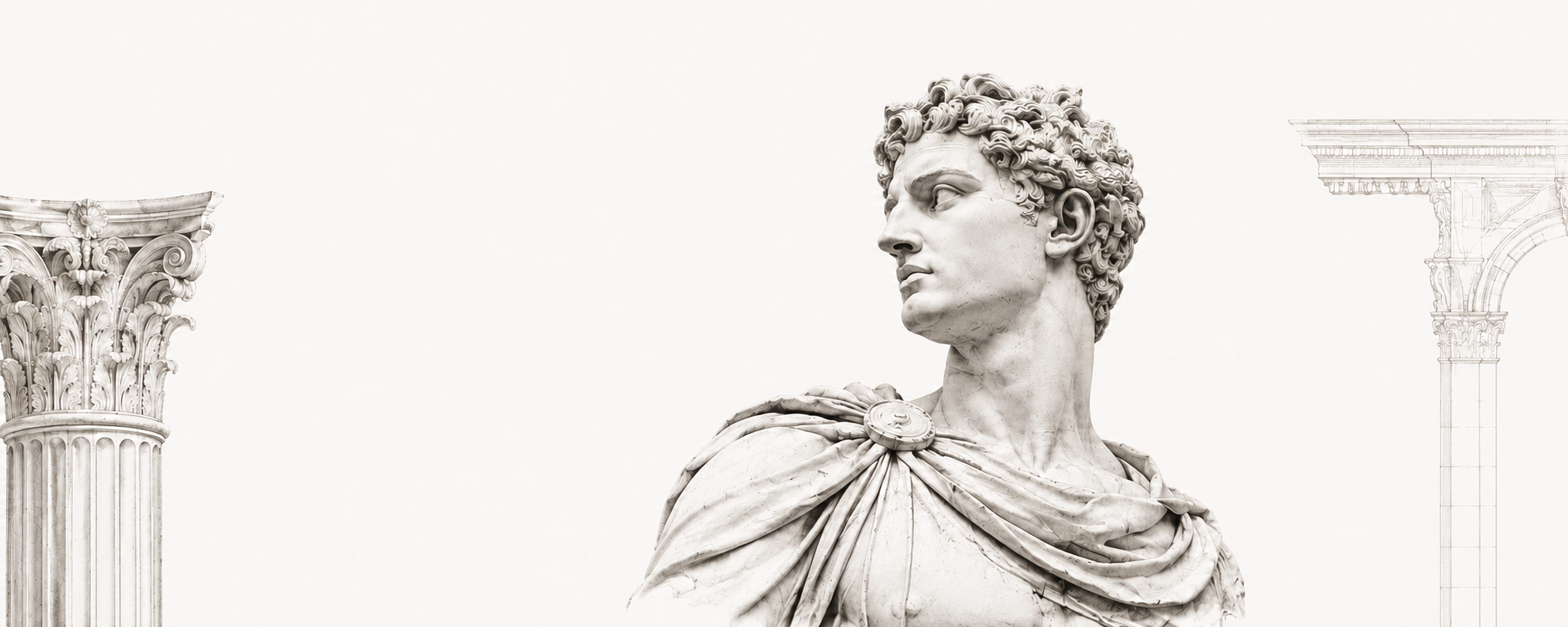 Roman marble figure framed by classical columns