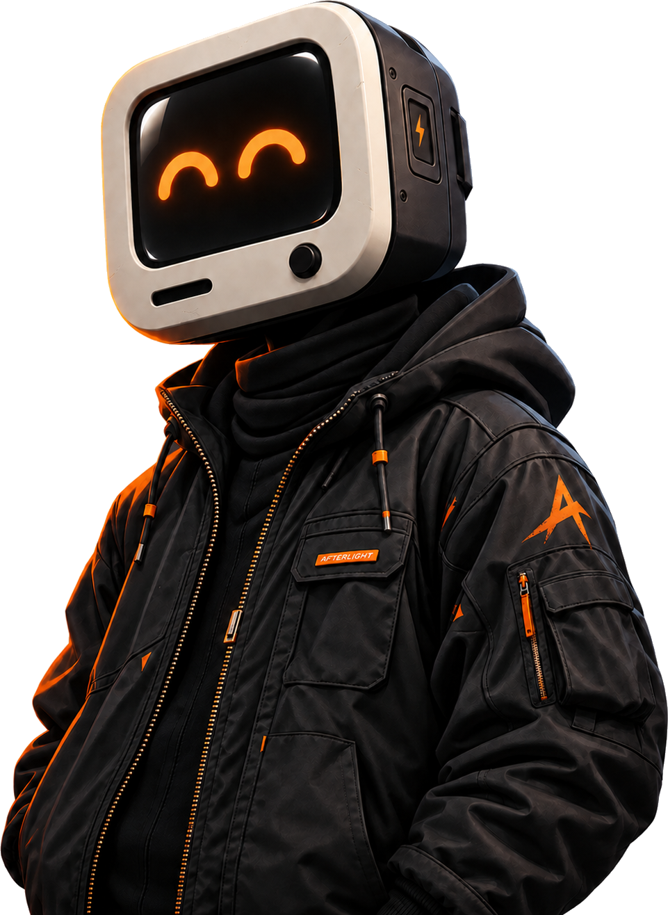 Afterlight’s friendly robot mascot in a black studio jacket