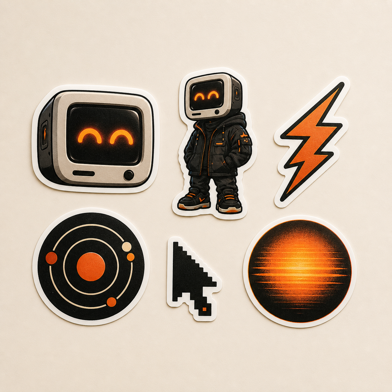 Six-piece sticker pack featuring the CRT mascot and signal graphics