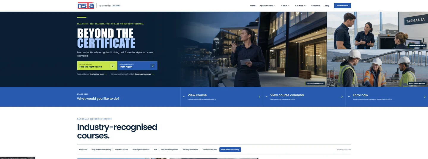 NSTA Tasmania public website showing training pathways and course discovery